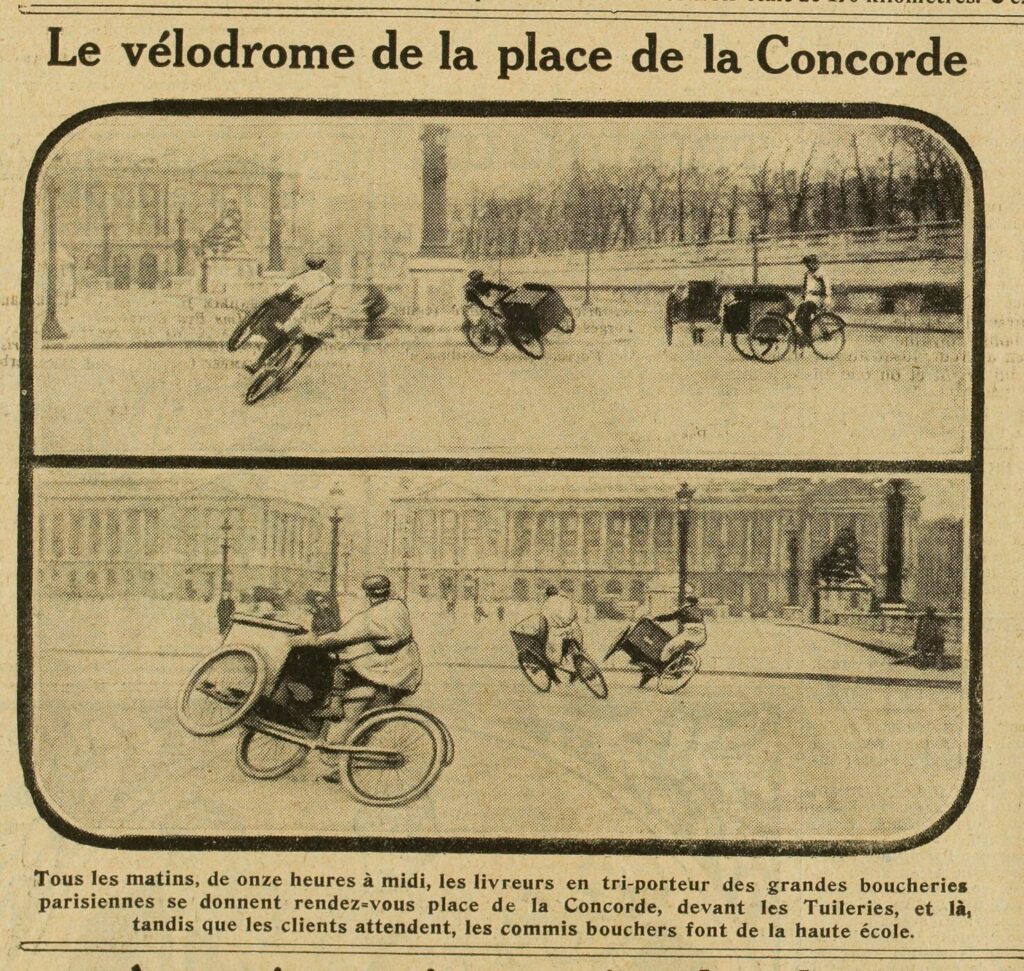Images anciennes du vélodrome de la Concorde où des triporteurs tournent