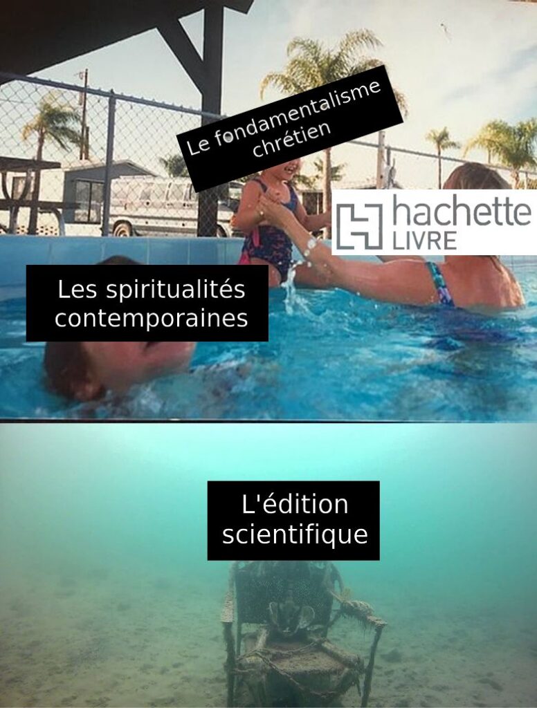 Une femme tient à bout de bras un enfant dans une piscine, tandis qu'un autre peine à nager. Dans le panel du dessous, un squelette est immergé. La femme a une étiquette Hachette Livre, l'enfant tenu a une étiquette Le fondamentalisme chrétien, l'enfant surnageant a une étiquette Les spiritualités contemporaines, le squelette a une étiquette L'édition scientifique